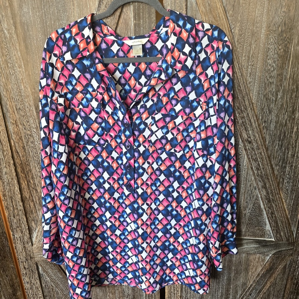 CJ Banks Shirt Women's Size 2X Multi Color Geometric Print Silky Tunic Pullover